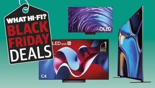 LG C4 OLED, Sony Bravia 8 and Samsung S95D on green background with &quot;What Hi-Fi? Black Friday Deals&quot; text in a badge design on the left. 