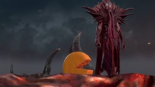 A Baldur&#039;s Gate 3, transformed into a cheese wheel, standing next to a mind flayer.