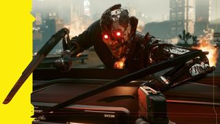 Cyberpunk 2077 patch 2.13 header art - cyberguy with popped mantis blades climbing the hood of a moving car so he can zero V