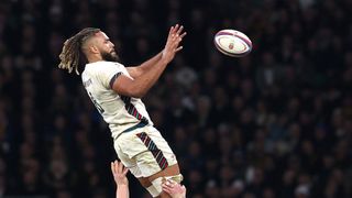 England&#039;s Chandler Cunningham-South jumps for the ball in England&#039;s November 2024 match against South Africa