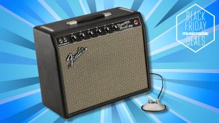 A Fender Princeton tube amp on a blue background