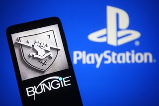 UKRAINE - 2022/02/02: In this photo illustration, a Bungie Inc. logo of a video game developer is seen on a smartphone screen and PlayStation (PS) logo in the background. (Photo Illustration by Pavlo Gonchar/SOPA Images/LightRocket via Getty Images)