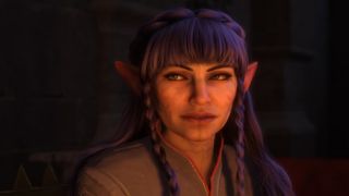 Dragon Age The Veilguard screenshot of an elven Rook with purple hair