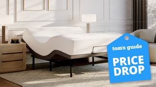 A DreamCloud Adjustable Bed Frame with a DreamCloud mattress on top, in a bedroom. A Tom&#039;s Guide price drop deals graphic (right)