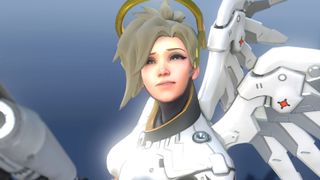 Close up of Overwatch 2&#039;s Mercy on white background.