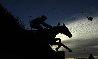 In silhouette, a horse and jockey jumping over a hedge during the steeple chase at Kempton Park