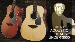 A trio of Yamaha acoustic guitars leaning against a brick wall