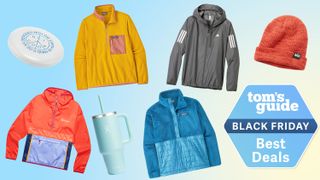 A colorful mix of jackets, hats and outdoor accessories on a blue and yellow background with a Tom&#039;s Guide Black Friday deals badge