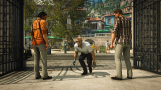 Agent 47 tries to crouch-walk between two guards who clearly aren&#039;t having it.