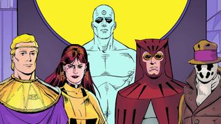 Dave Gibbons art of Watchmen characters including Ozymandias, Silk Spectre, Doctor Manhattan, Nite-Owl, and Rorschach 