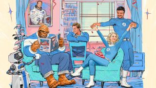 A screenshot of The Fantastic Four: First Steps poster showing the iconic Marvel superhero quartet and the actors playing them