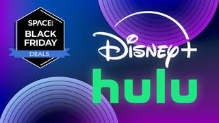 The Disney Plus and Hulu logos on a purple background with a Space Black Friday deals badge.