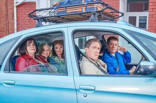 Gavin &amp; Stacey Christmas special 2024 Bryn, Gavin, Nessa, Stacey and Gwen in a car