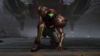 Metroid Prime 4: Beyond screenshot showing Samus Aran in a hero pose after disembarking her ship