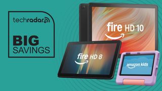 Amazon Fire tablets on green background