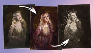 A Hollywood-style portrait (left), turned into two AI-generated artworks, a painting (middle) and graphic pencil drawing (right)