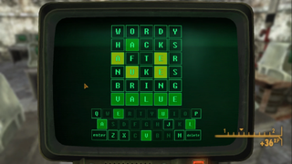 A terminal screen showing Wordle being played in Fallout: New Vegas.