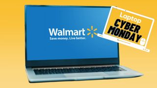 Walmart Cyber Monday laptop deals, laptop against a yellow gradient background