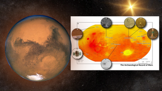 (Main) Earth&#039;s neighbor and humanity&#039;s number one target for exploration Mars (inset) Map of Mars illustrating the fourteen missions to Mars, key sites, and examples of artifacts contributing to the development of the archaeological record