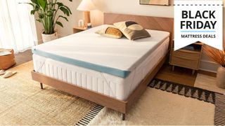 The Tempur-Pedic Tempur-Adapt topper on top of a mattress on a bed frame in a well-decorated bedroom