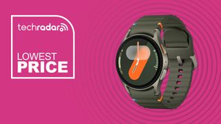 Samsung Galaxy Watch 7 on a pink background with the text lowest price 