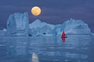 Red sailboat sailing among floating icebergs in front of the full moon rising at Arctic Ocean in Greenland. Sailing through enormously huge icebergs near Ilulissat Icefjord front of the full moon rising. Arctic iceberg reflection in the calm Arctic Ocean waters. Sail boat with red sails cruising among icebergs during midnight sun season. Ship sailing past majestic icebergs during the twilight under a full moon at the blue Arctic Ocean, Ilulissat Icefjord, Ilulissat, Disko Bay, Greenland, Unesco World Heritage Site