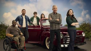 Daryl “Chill” Mitchell, Seann William Scott, Maxwell Simkins, Barrett Margolis, Tim Allen and Kat Dennings in Shifting Gears