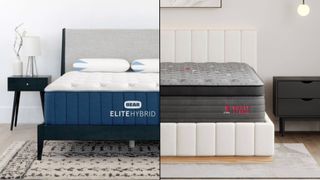 Zoma Boost vs Bear Elite Hybrid. The Zoma is a grey mattress with red detail in a room with wooden floor and a white bed base. The Bear is a navy and white mattress in a room with a cream and black rug, black bed base with grey headboard and black bedside table. 