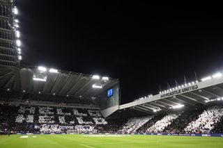 NEWCASTLE UPON TYNE, ENGLAND - OCTOBER 04: A general view inside the stadium as fans of Newcastle United display banners prior to the UEFA Champions League match between Newcastle United FC and Paris Saint-Germain at St. James Park on October 04, 2023 in Newcastle upon Tyne, England. (Photo by Stu Forster/Getty Images)