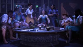 Dragon Age: The Veilgurad companions sit together around a table in The Lighthouse