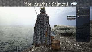 A king stands by a lake, fishing. He has caught a salmon.