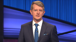 Ken Jennings is shown as guest host of Jeopardy!