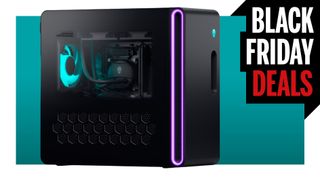 An image of an Alienware Aurora R16 gaming desktop PC against a teal background with a white border, and a Black Friday Deals logo