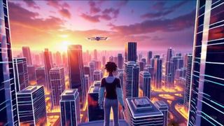 Cartoon of young person looking at the sun rise over a futuristic cityscape