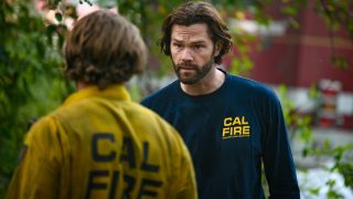 (L-R): The back of Max Thieriot as Bode Leone as Jared Padalecki as Camden Casey walks toward him with a very serious look.