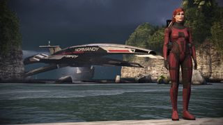 Mass Effect Legendary Edition screenshot of femme Shep outside the normandy space ship