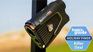 The Bushnell rangefinder on a golf cart