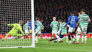 Mohammed Diomande of Rangers scores his team&#039;s second goal during the Premier Sports Cup Final between Celtic and Rangers at Hampden Park on December 15, 2024 in Glasgow, Scotland.