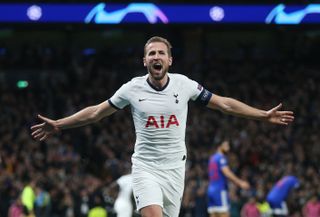 Harry Kane celebrates after scoring for Tottenham against Olympiacos in November 2018.