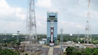 An Indian Space Research Organisation PSLV rocket carrying the SpaDeX space docking satellite mission is prepared for launch.