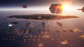 An assembled fleet of different classes of combat vessels, gathered in a planet&#039;s upper atmosphere in Homeworld 3.