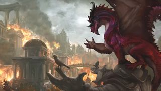 A red dragon perches on a broken statue and looks out at the ruins of a burning civilization