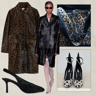 A collage featuring imagery of calf hair or pony fur fashion items on the runway and on Instagram by brands like By Malene Birger, Alaïa, Toteme, YSL, and Tory Burch.