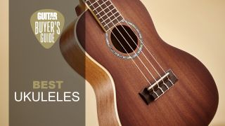 A Cordoba ukulele at an angle on a yellow background