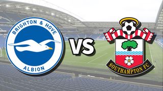 The Brighton &amp; Hove Albion and Southampton club badges on top of a photo of The Amex Stadium in Brighton, England