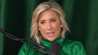 Savannah Chrisley in green shirt recording Unlocked with Savannah Chrisley podcast