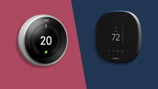 Nest Learning Thermostat on a pink ground next to a Ecobee Smart Thermostat on a blue background