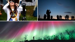 three panel image shows in the top left a woman watching the April 8 solar eclipse and smiling, on the top right a group of people gather to look at the sky, there is a thin crescent moon shining bright and the lower image shows vivid red and green northern lights and a person standing on a hill. 