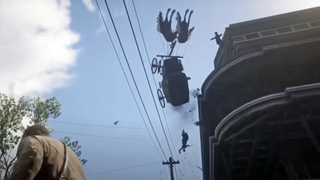 Red Dead Redemption 2 horse and wagon crashing into telegraph pole and flying through the sky.