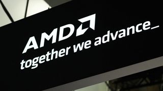 AMD logo pictured during the Mobile World Congress (MWC), the telecom industry&#039;s biggest annual gathering, in Barcelona on February 26, 2024.